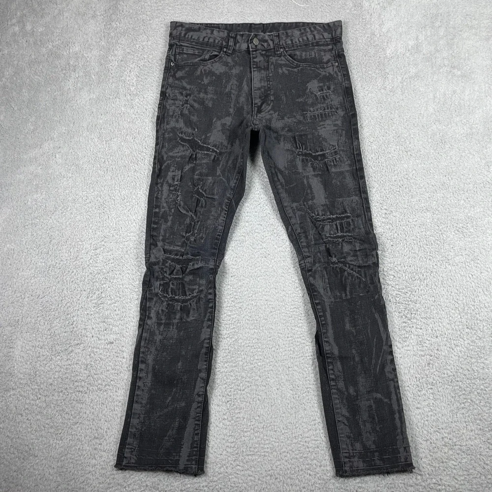 First Row Distressed Jeans Mens 34x32 (Fits 33x31) Black Acid Wash Slim